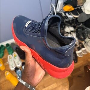 Fendi Men's Navy Leather Sneakers with Red Rubber Sole